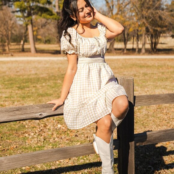 Women's Boho Mini Dress Viscose Polyester Squared Neck Ruffle Swing - Picture 6 of 8